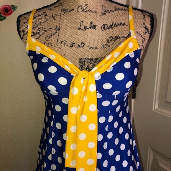 Rare Betsey Johnson Swim Dress/ Coverup in Blue White & Yellow Polka Dot Sz S - Picture 2 of 8
